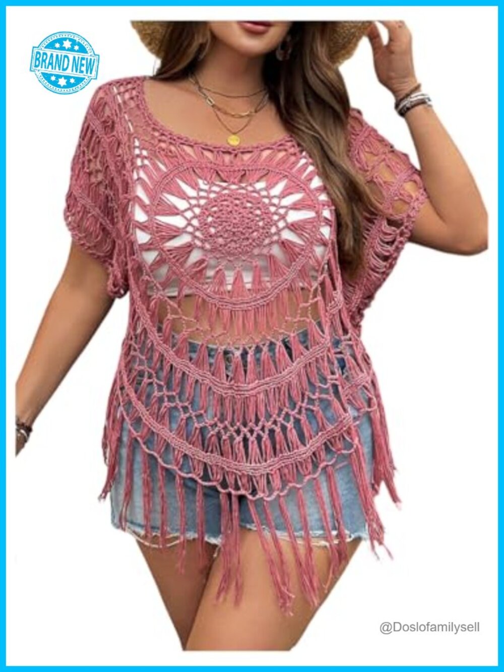 Plus Size Hollow Out Knit Crochet Short Sleeve Scoop Neck Tunic Top